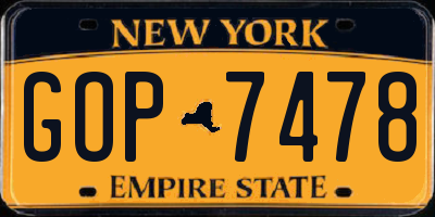 NY license plate GOP7478