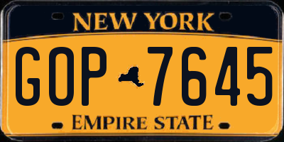 NY license plate GOP7645