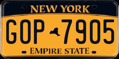 NY license plate GOP7905