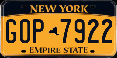 NY license plate GOP7922