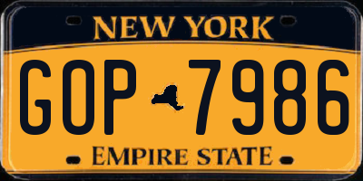 NY license plate GOP7986