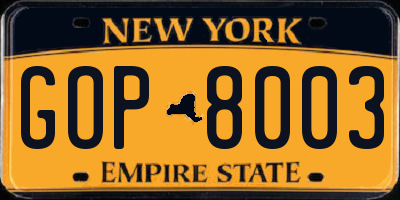 NY license plate GOP8003