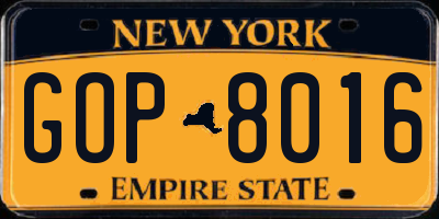NY license plate GOP8016