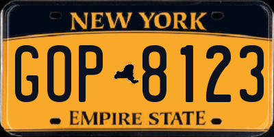 NY license plate GOP8123