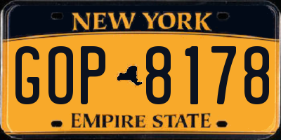 NY license plate GOP8178