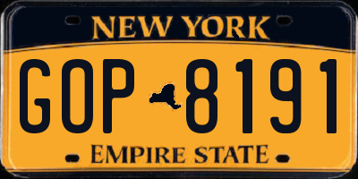 NY license plate GOP8191