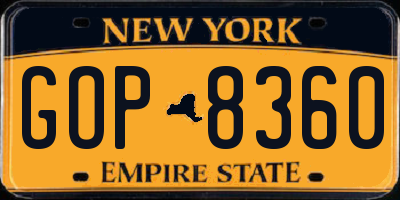 NY license plate GOP8360