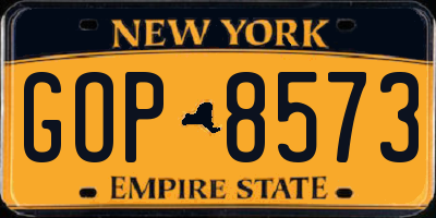 NY license plate GOP8573