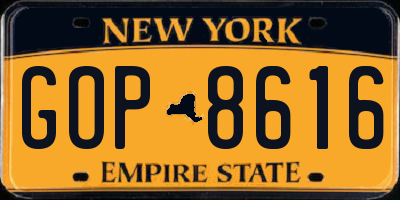 NY license plate GOP8616