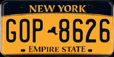 NY license plate GOP8626