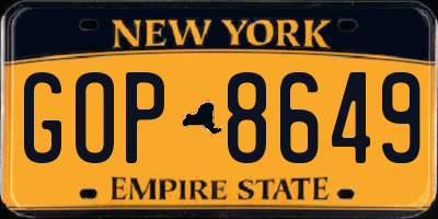 NY license plate GOP8649