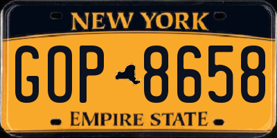 NY license plate GOP8658