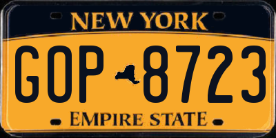 NY license plate GOP8723