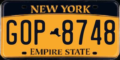 NY license plate GOP8748