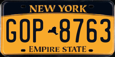 NY license plate GOP8763