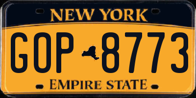 NY license plate GOP8773