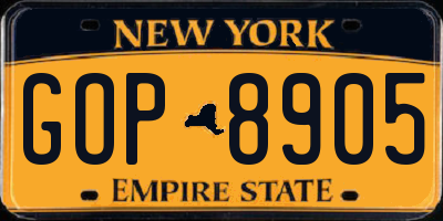 NY license plate GOP8905