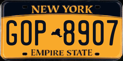 NY license plate GOP8907