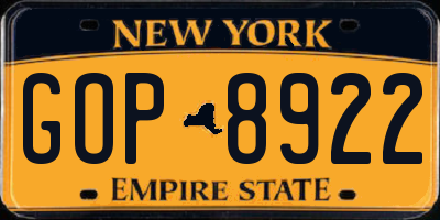 NY license plate GOP8922
