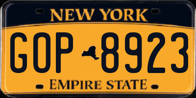 NY license plate GOP8923