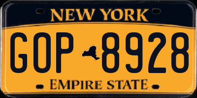 NY license plate GOP8928