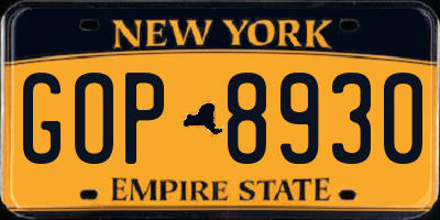 NY license plate GOP8930