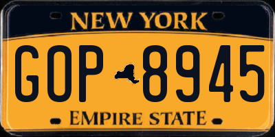 NY license plate GOP8945