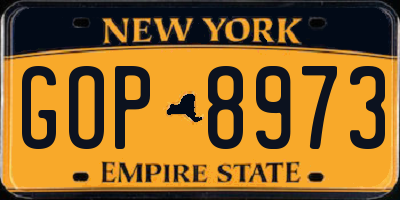 NY license plate GOP8973