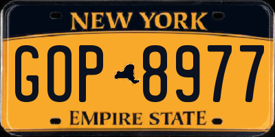 NY license plate GOP8977