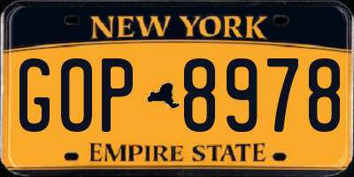 NY license plate GOP8978