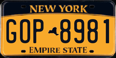 NY license plate GOP8981