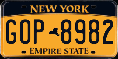 NY license plate GOP8982