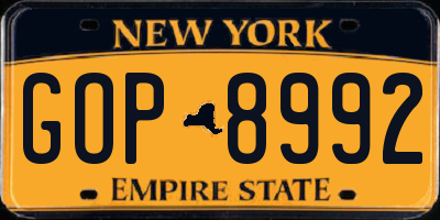 NY license plate GOP8992