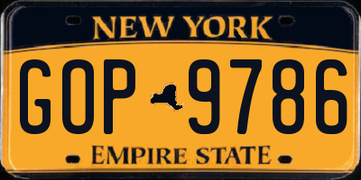 NY license plate GOP9786