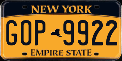 NY license plate GOP9922