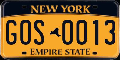 NY license plate GOS0013