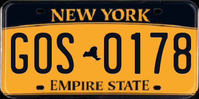 NY license plate GOS0178