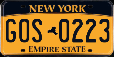 NY license plate GOS0223