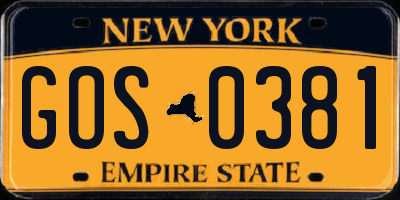 NY license plate GOS0381
