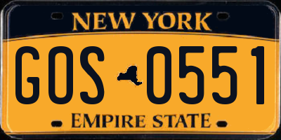 NY license plate GOS0551