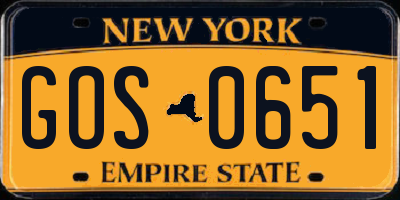 NY license plate GOS0651