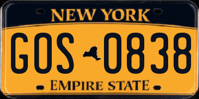 NY license plate GOS0838