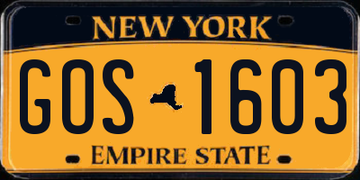 NY license plate GOS1603