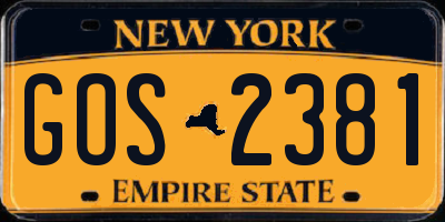 NY license plate GOS2381