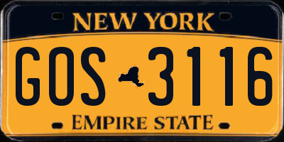 NY license plate GOS3116