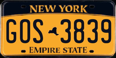 NY license plate GOS3839