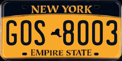 NY license plate GOS8003