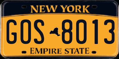 NY license plate GOS8013