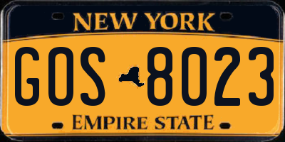 NY license plate GOS8023