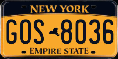 NY license plate GOS8036